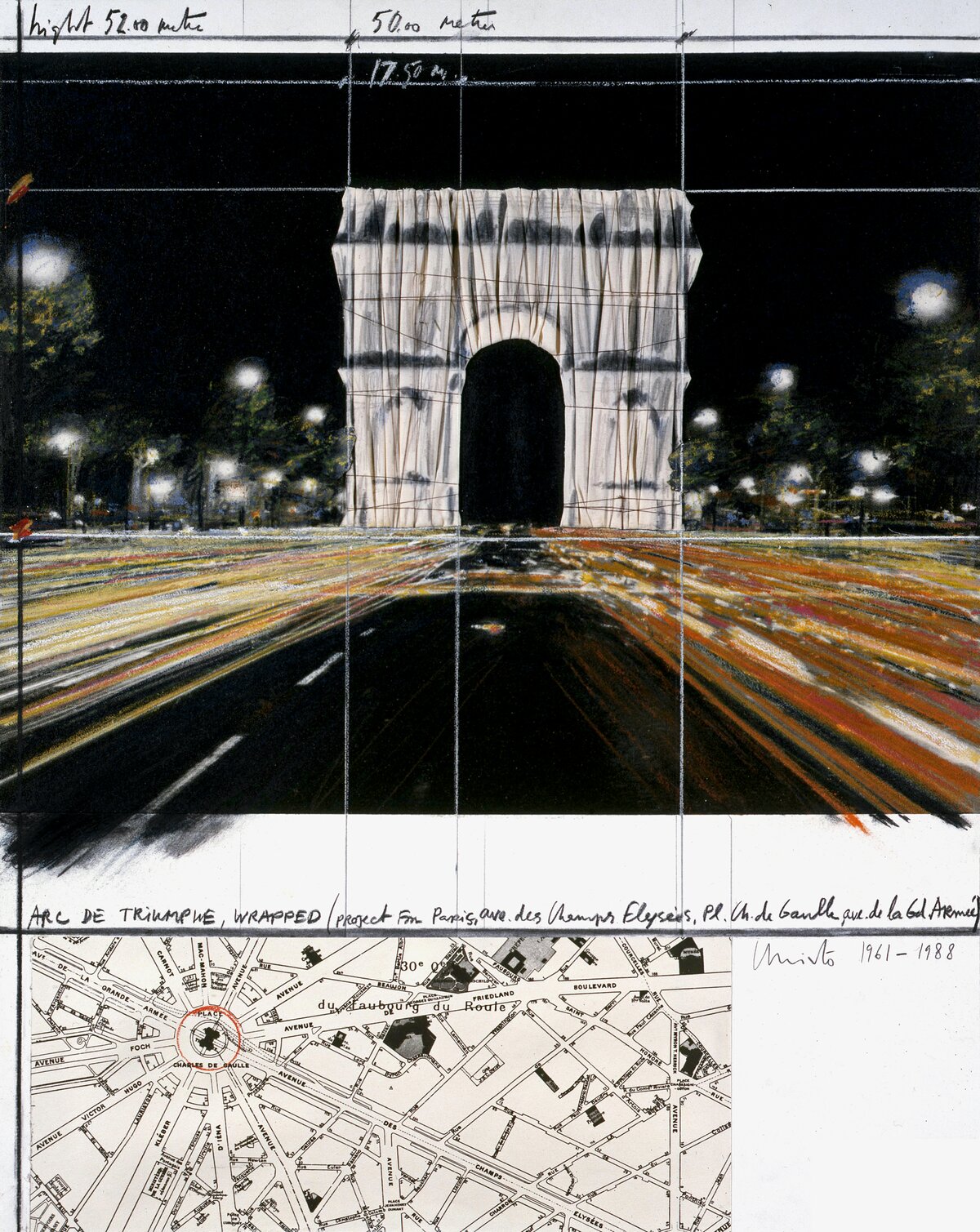 Christo, Arc de Triumphe, Wrapped_Project for Paris_Collage 1988, Pencil, fabric, twine, pastel, charcoal, wax crayon, map, and Photostat, 71 x 56 cm_28 x 22“_Private collection ...