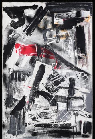 Emilio Vedova, De America ‘77 (Slum 7), 1977, titled, dated and signed on the reverse, painting, spray, graffiti on canvas, 100 x 70 cm, framed