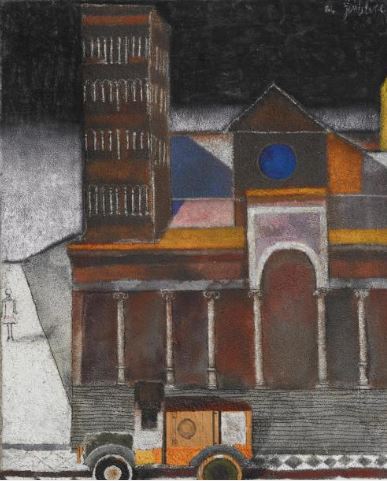 Franco Gentilini, Cattedrale con camion, 1964, signed and dated, oil and collage on sandblasted canvas, 90 x 70 cm, framed