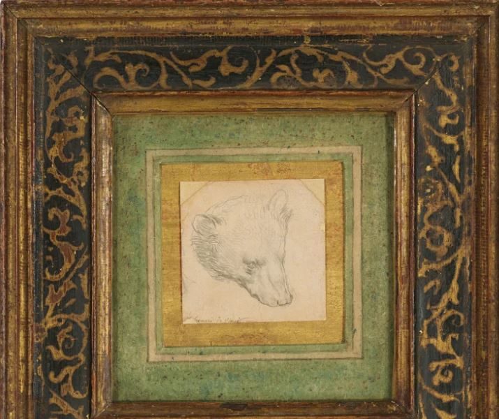 Leonardo da Vinci, Head of a bear, with inscription in pen and brown ink - Leonard de Vinci -Silverpoint on pink-beige prepared paper, top corners cut, cm 7X7, framed