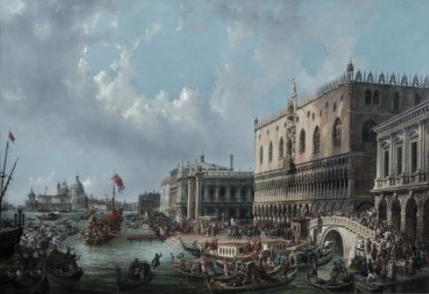 Luigi Querena, (Venice 1824–1890), The Blessed Doge Francesco Morosini in 1693 leaves Venice to fight the Turks at the Peloponnese, indistinctly signed, dated 1865, oil on canvas, 132x190 cm.