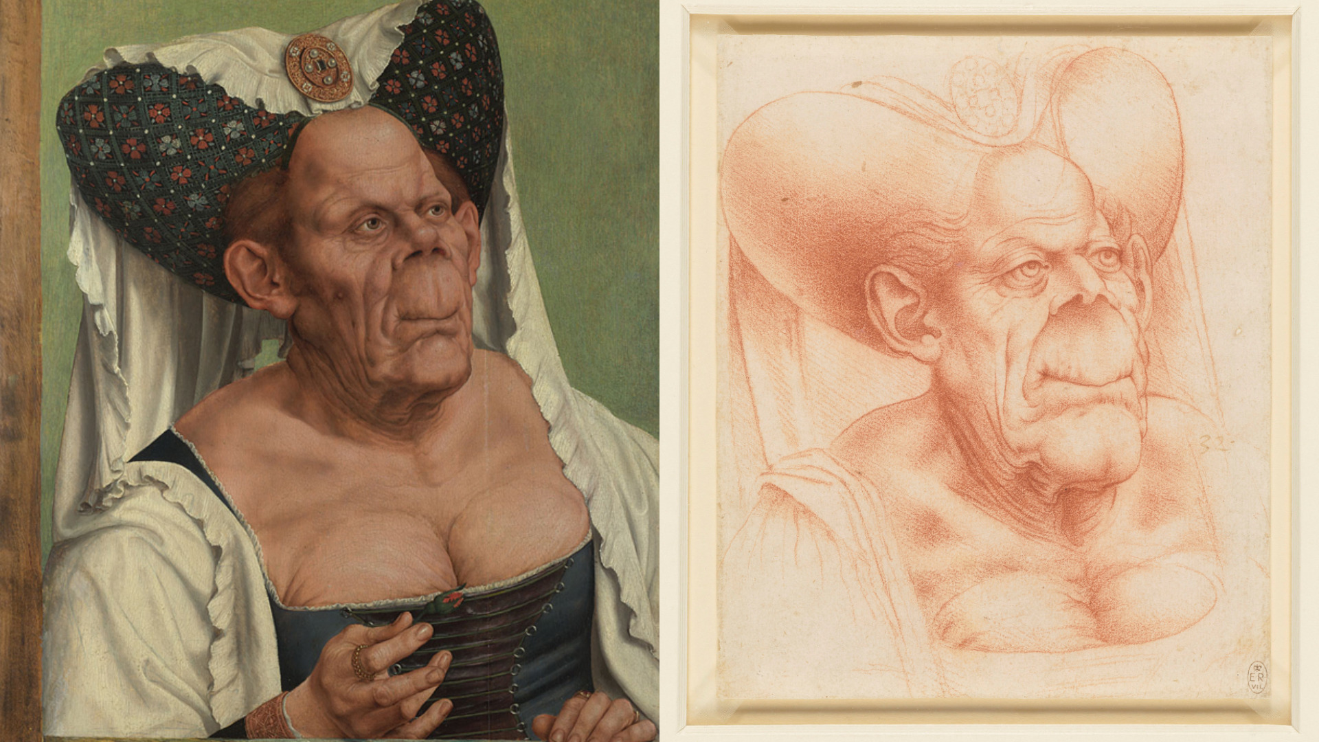 Left
An Old Woman Quinten Massys ('The Ugly Duchess') about 1513, Quinten Massys (1465/6 – 1530), Oil on oak, 62.4 x 45.5 cm, The National Gallery, London
Right
An Old Woman, Copy after Leonardo da Vinci 1510-20, Red chalk on paper, 17.2 x 14.3 cm, Royal Collection Trust - © Her Majesty Queen Elizabeth II 2022