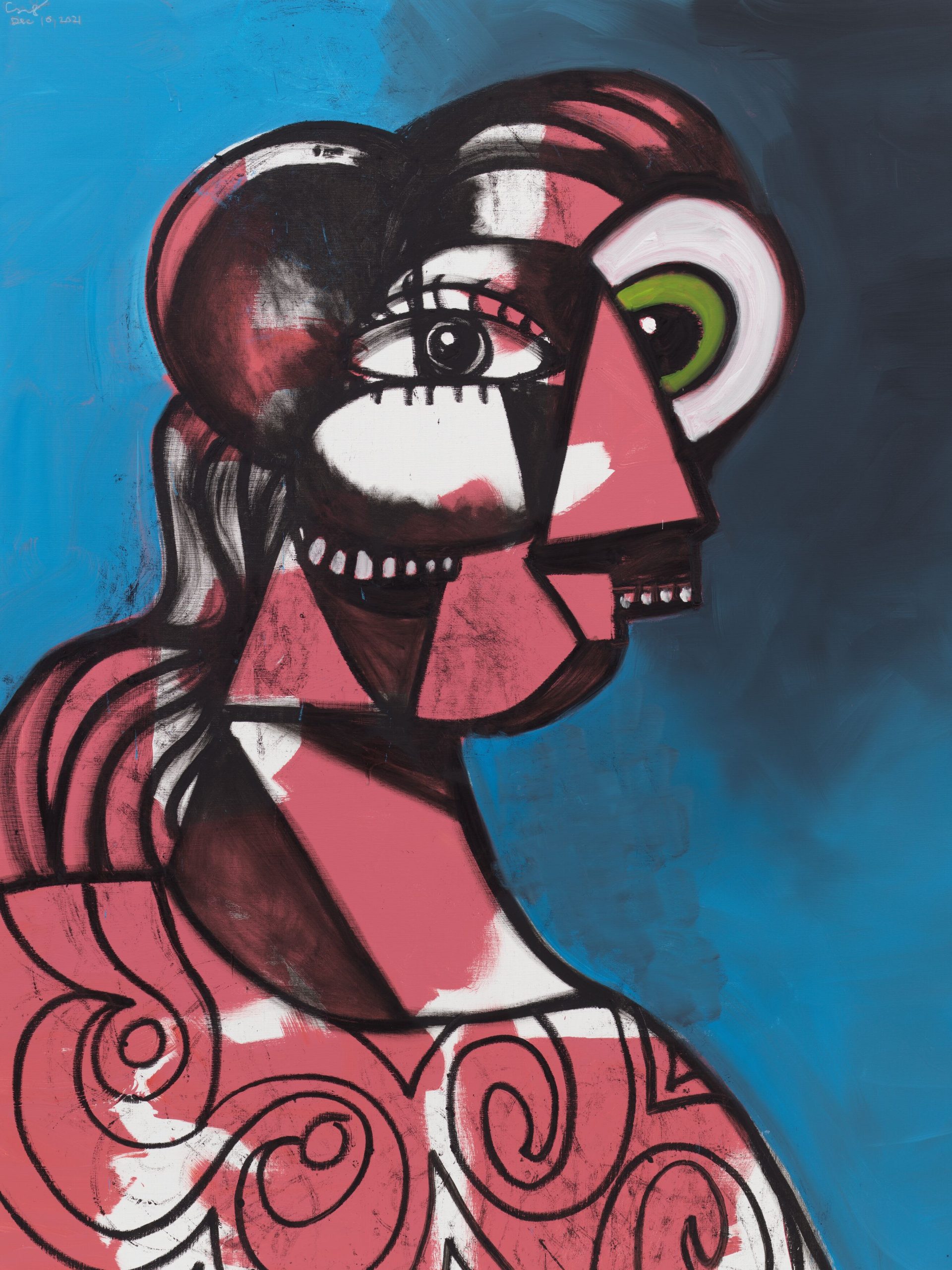George Condo Pink and White Profile with Green Eye, 2021, Acrylic and oil stick on linen, 228.6 x 190.5 (cm) - 90.0 x 75.0 (in) USD 2,650,000 @ Hauser & Wirth