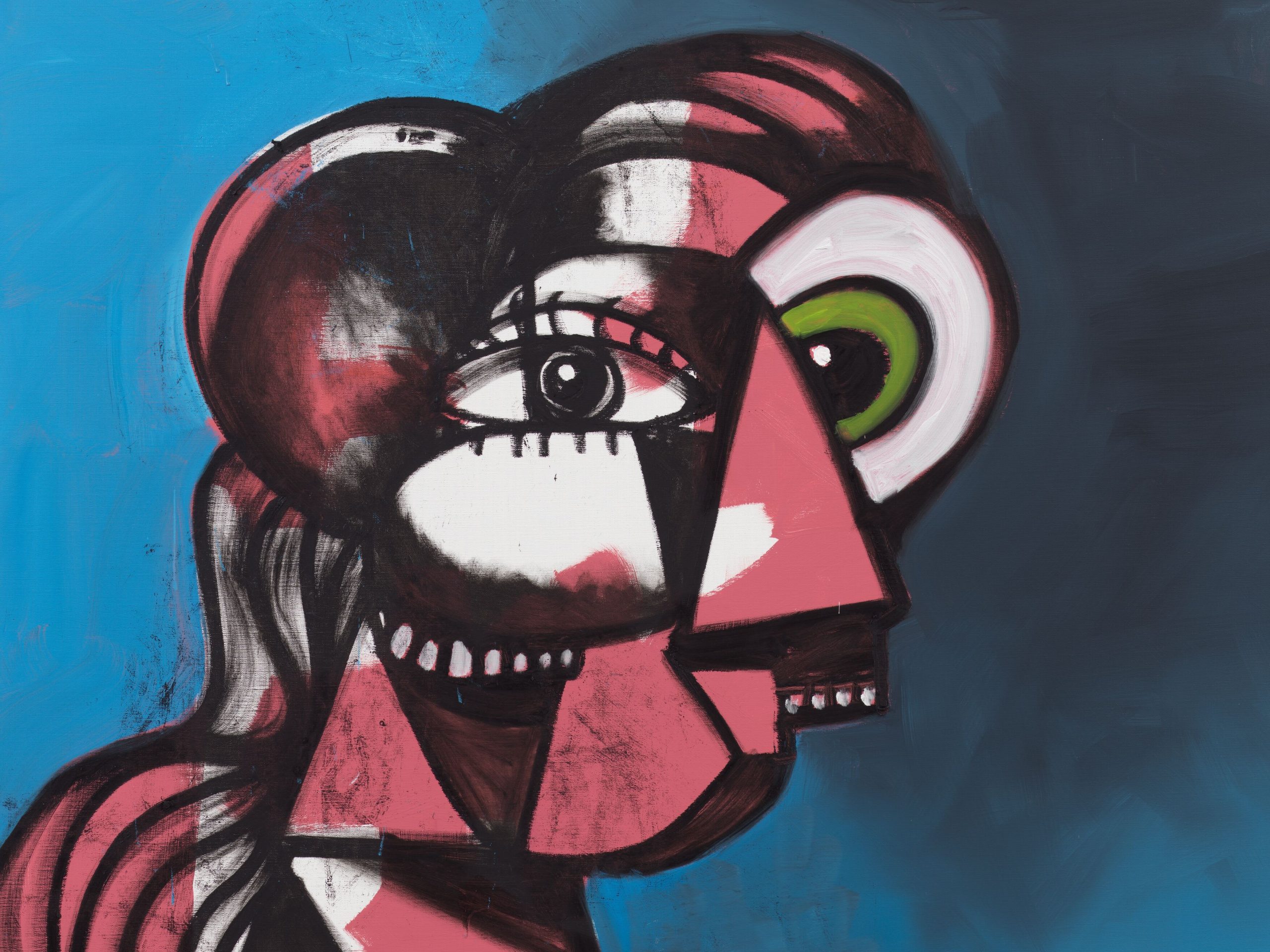 George Condo Pink and White Profile with Green Eye, 2021, Acrylic and oil stick on linen, 228.6 x 190.5 (cm) - 90.0 x 75.0 (in), detail, USD 2,650,000 @ Hauser & Wirth