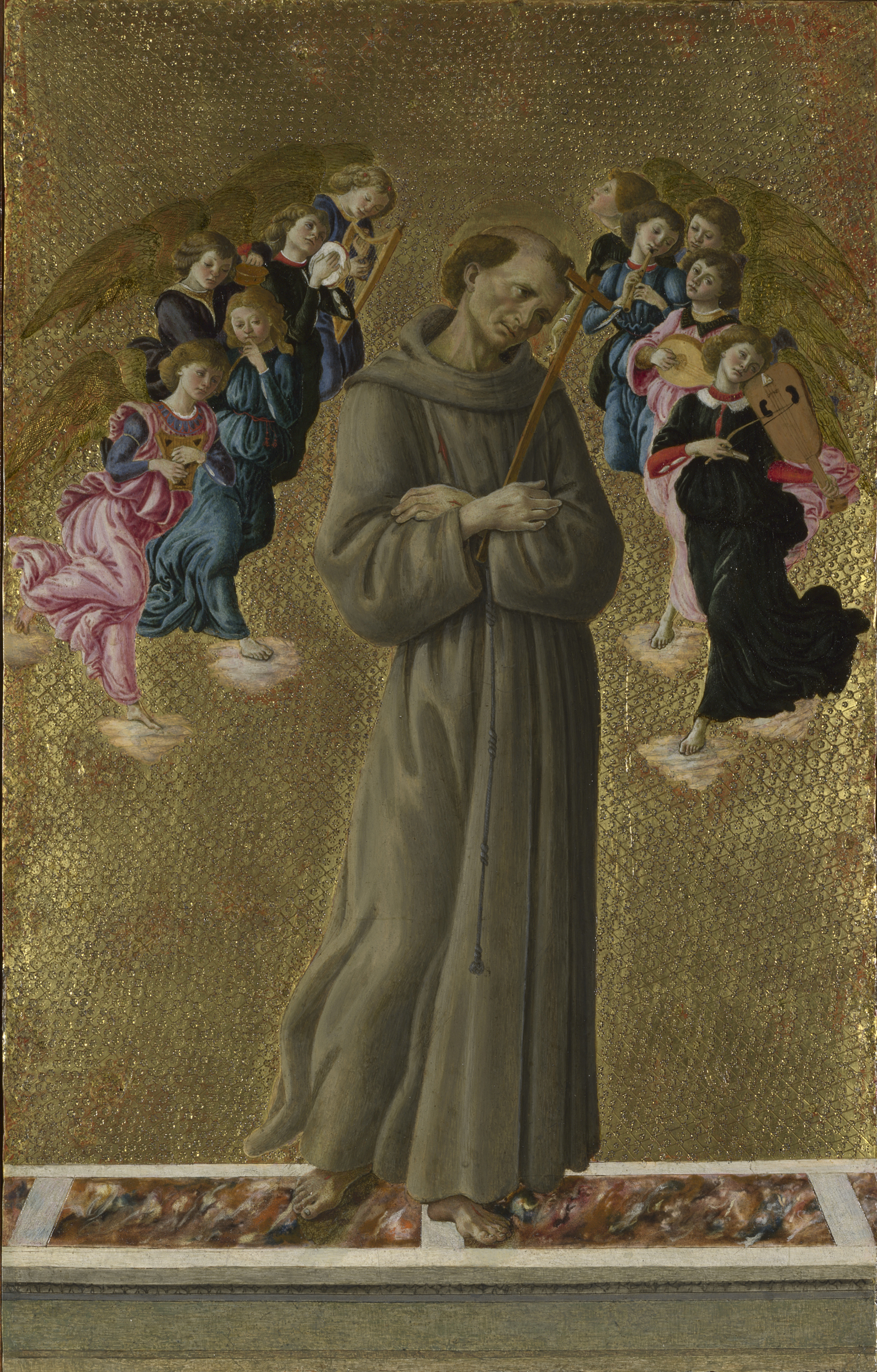 Sandro Botticelli Saint Francis of Assisi with Angels, about 1475-80, Tempera and oil on wood, 49.5 × 31.8 cm © The National Gallery, London