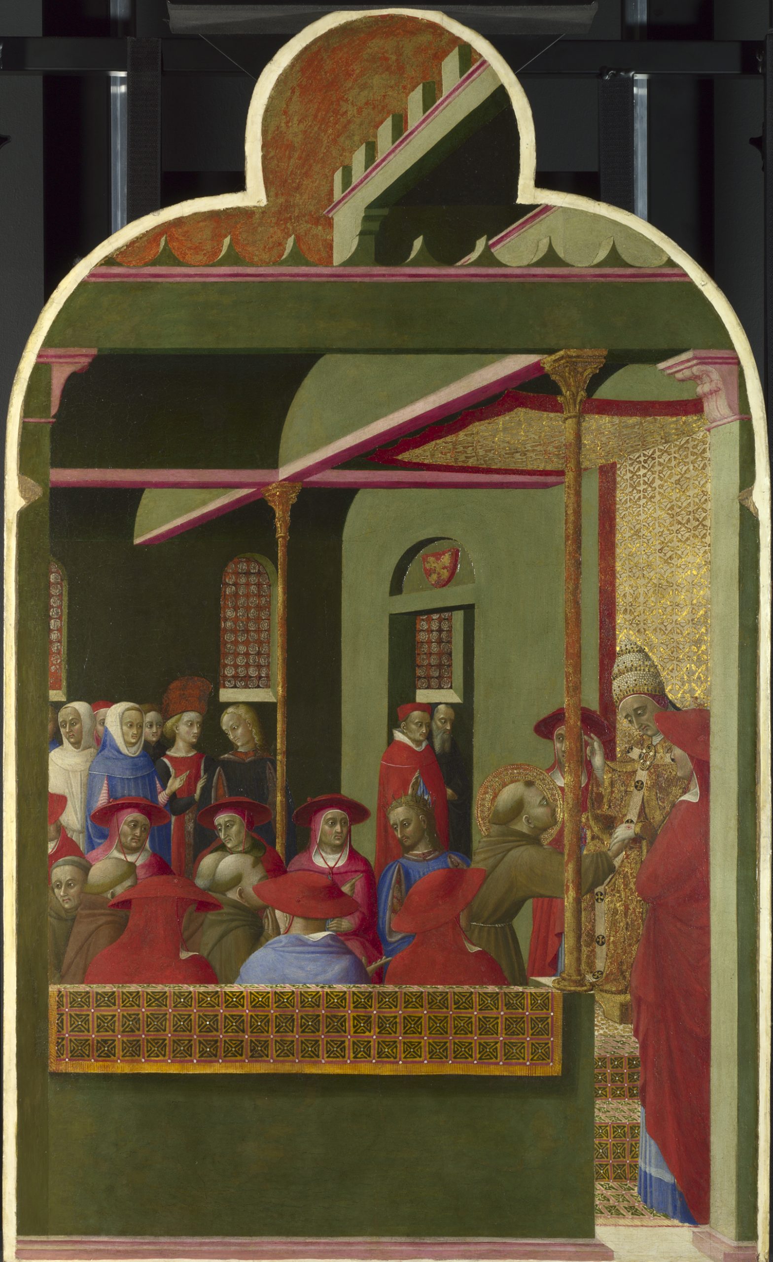 Sassetta San Sepolcro Altarpiece (NG4757-NG4763) – Title, Saint Francis before the Pope: The Granting of the Indulgence of the Portiuncula, Short title, Saint Francis before Pope Honorius III, 1437-44, Egg tempera on poplar, 88.4 × 52 cm, © The National Gallery, London
