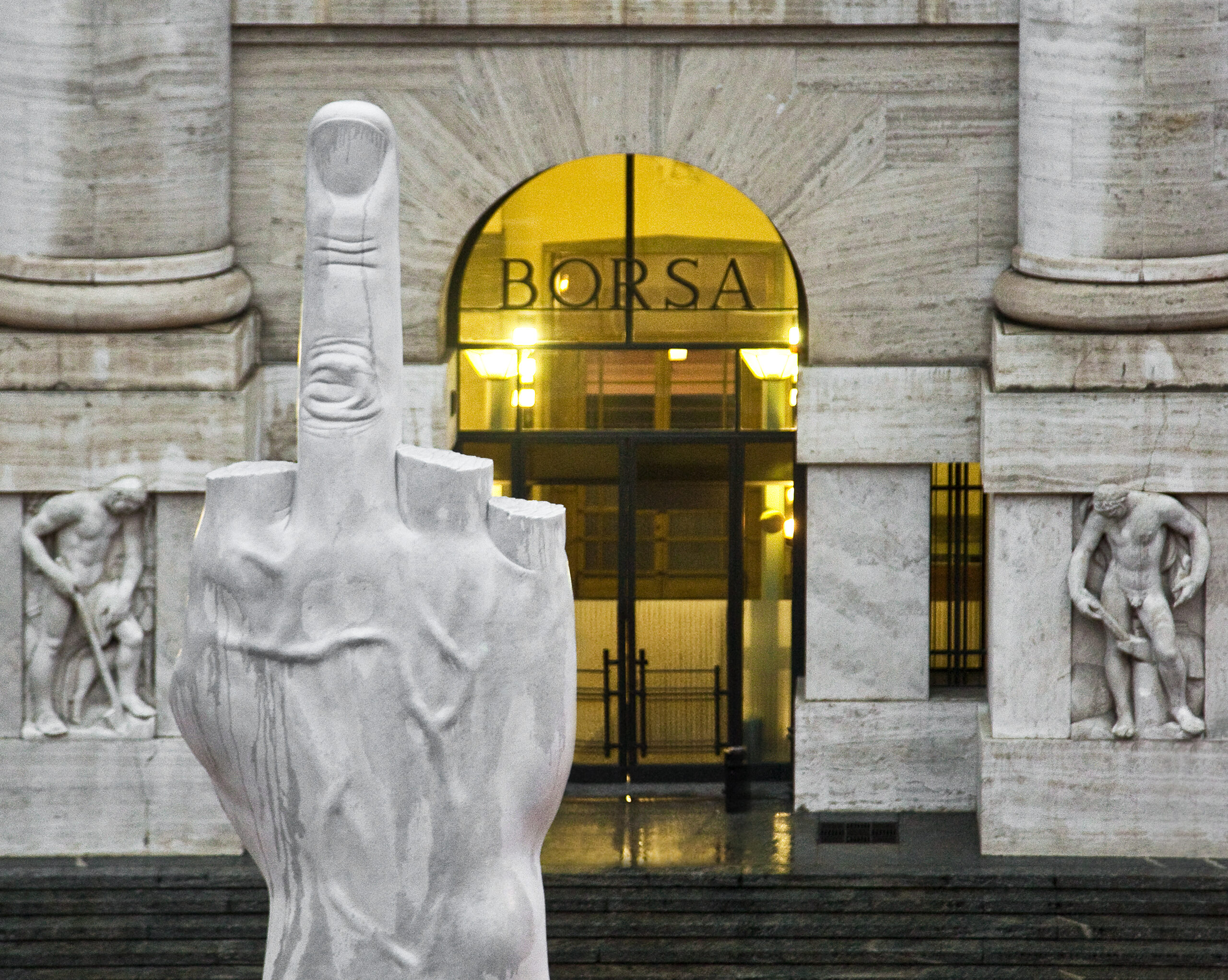 Maurizio Cattelan, L.O.V.E, 2010 (detail), Carrara marble, Figure 470 x 220 x 72 cm; base 630 x 470 x 470 cm