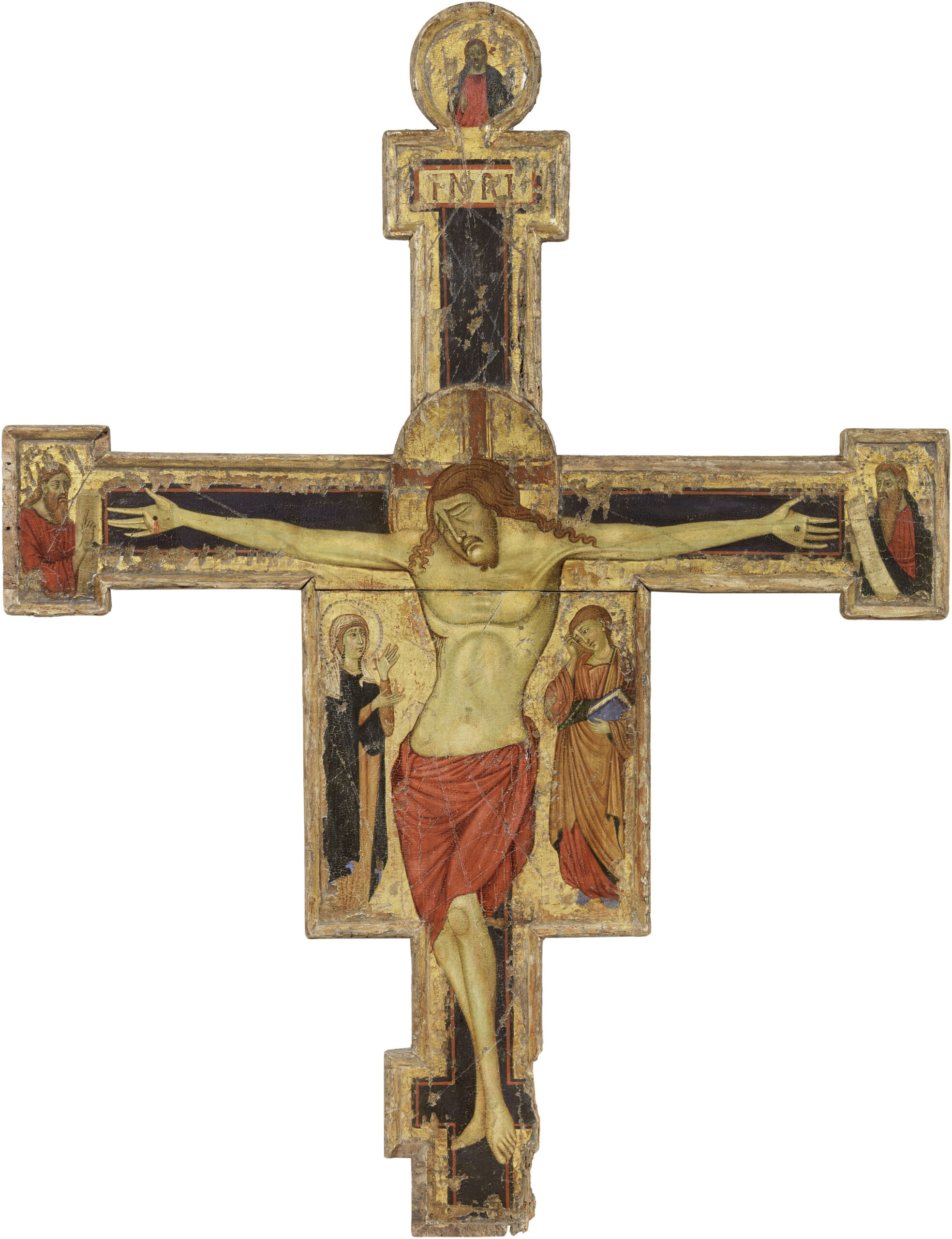 Lotto 131, Scuola toscana fine XIII - inizio XIV secolo Crocifisso - Christus Patiens, Madonna e San Giovanni dolenti, cm 115,5x88,5