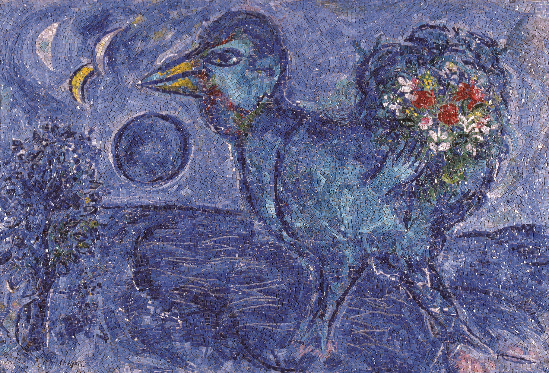 Marc Chagall, Antonio Rocchi, Le coq bleu, 1958-1959, opera musiva tessellata paste vitree, smalti su pannello di agglomerati porosi vegetali e cemento 104 x 155 x 8 cm, Ravenna, MAR - Museo d’Arte della città di Ravenna