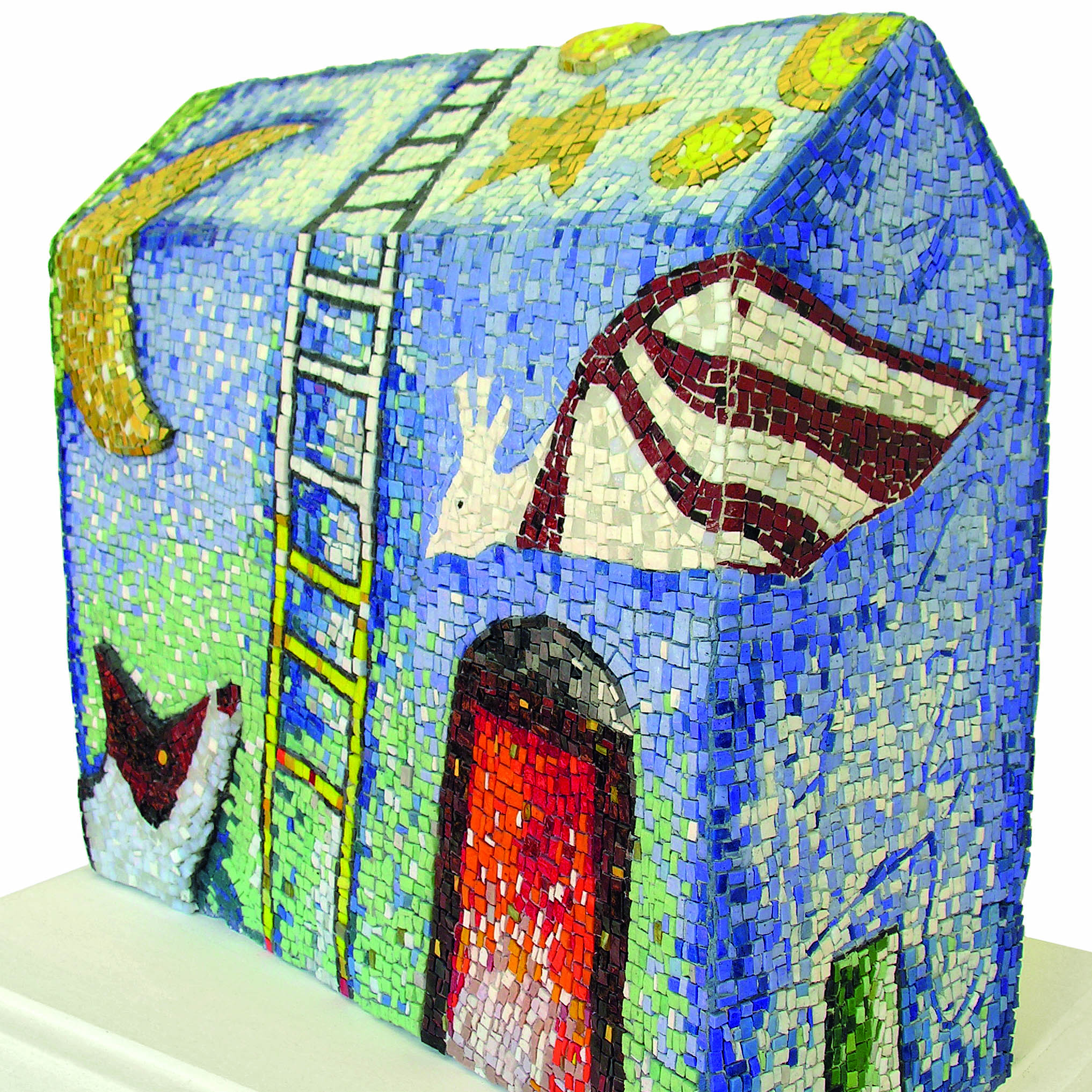 Giosetta Fioroni, Scuola del Mosaico dell’Accademia di Belle Arti di Ravenna, La casa di Giosetta, 2002, scultura musiva tessellata paste vitree, smalti, vetro a foglia metallica oro, su pannelli di legno assemblati, 63 x 68 x 27 cm, Ravenna, MAR -Museo d’Arte della città di Ravenna