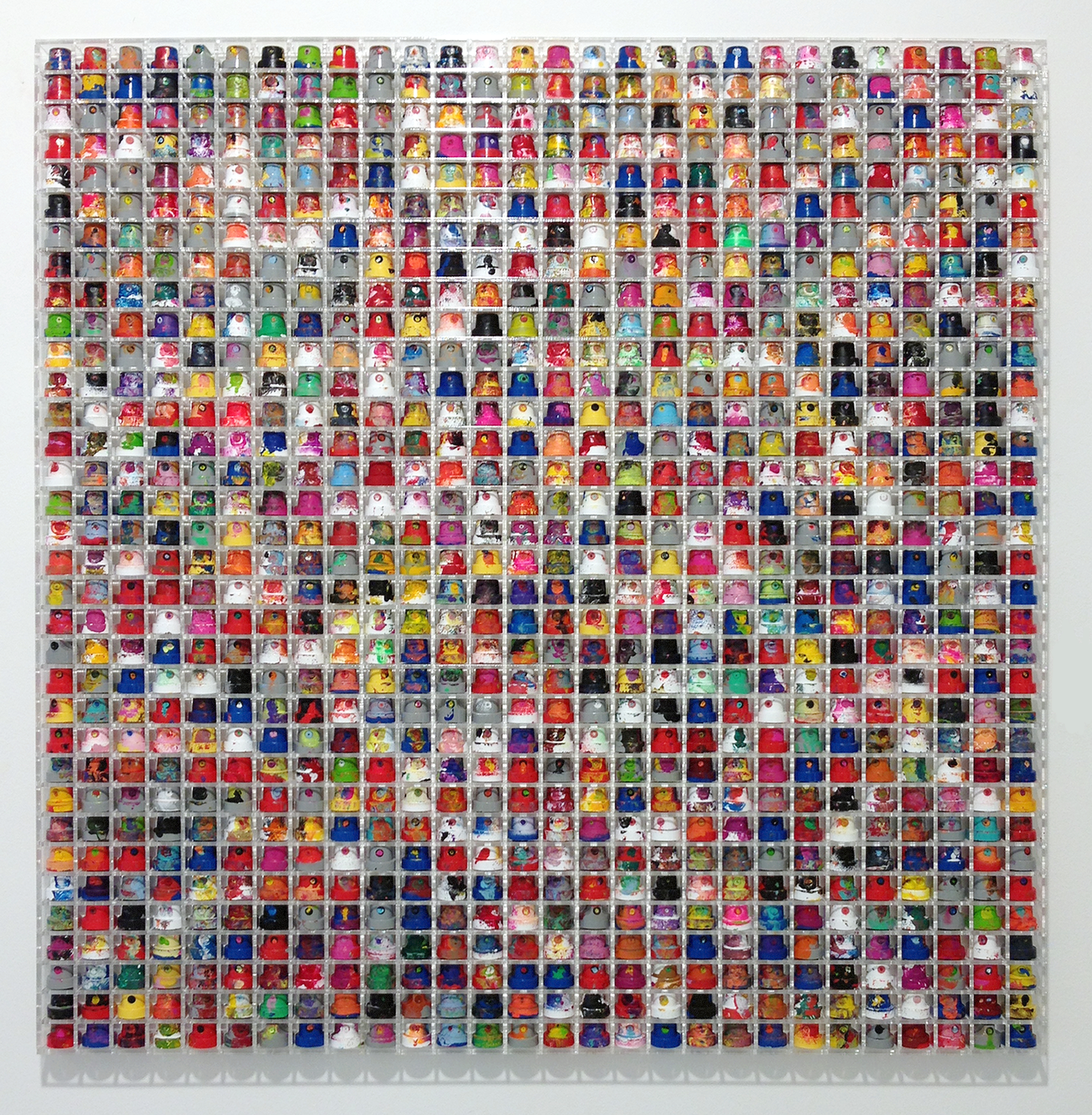 Omar Hassan, CAP 952, 2013, tappi in polimeri plastici e vernice spray su plexiglass, 73 x 73 cm, Ravenna, MAR - Museo d’Arte della città di Ravenna
