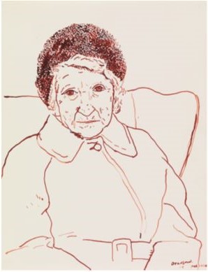 David Hockney Mother, Bradford. 19 Feb 1979 by David Hockney. Sepia ink on paper. 355.6 x 279.4 mm © David Hockney Photo Credit Richard Schmidt Collection The David Hockney Found